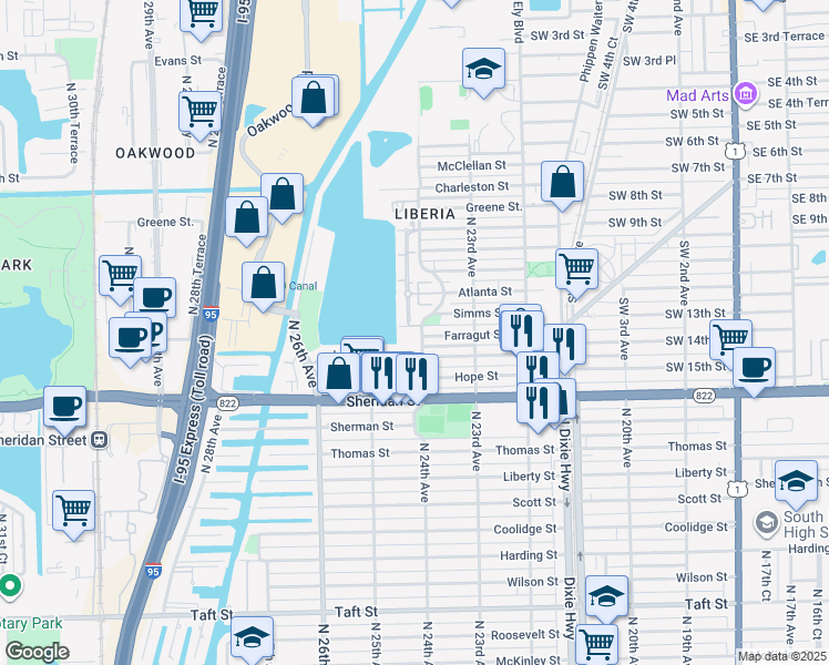 map of restaurants, bars, coffee shops, grocery stores, and more near 2690 North 24th Avenue in Hollywood