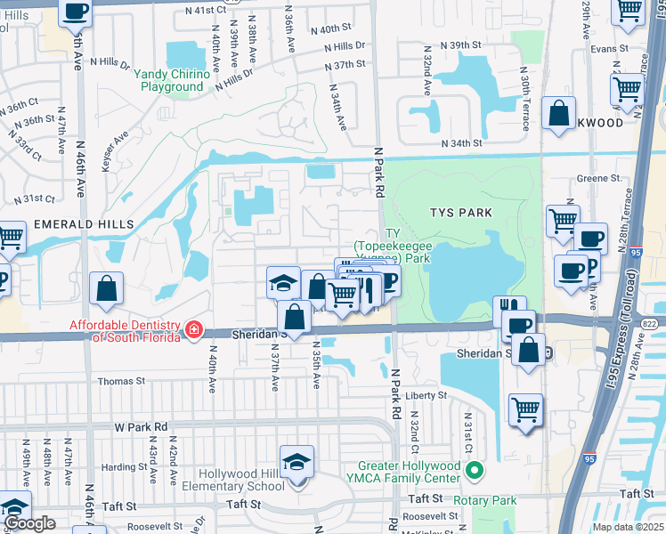 map of restaurants, bars, coffee shops, grocery stores, and more near 3340 Simms Street in Hollywood