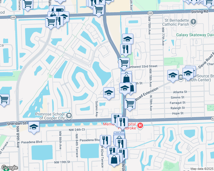 map of restaurants, bars, coffee shops, grocery stores, and more near Saint Thomas Drive in Hollywood