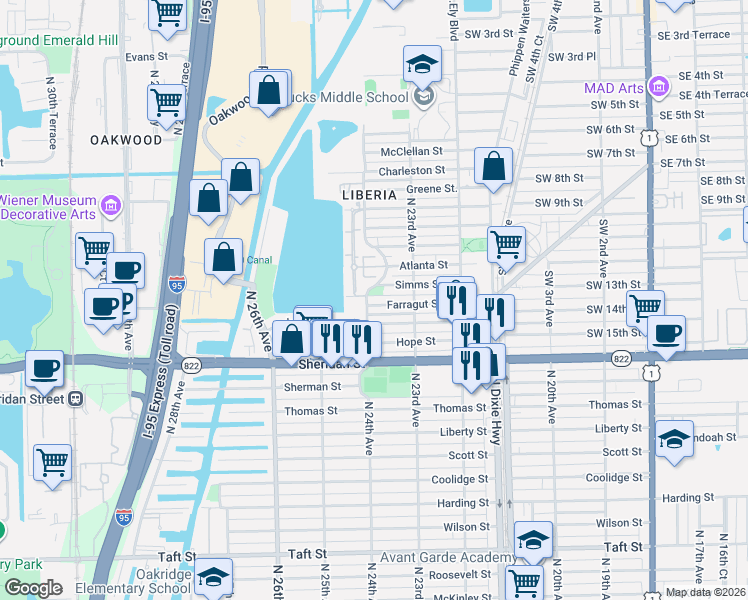 map of restaurants, bars, coffee shops, grocery stores, and more near 2690 North 24th Avenue in Hollywood