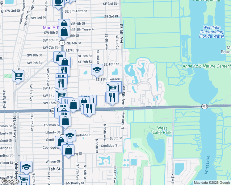 map of restaurants, bars, coffee shops, grocery stores, and more near 411 East Sheridan Street in Dania Beach