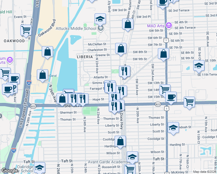 map of restaurants, bars, coffee shops, grocery stores, and more near 2234 Farragut Street in Hollywood