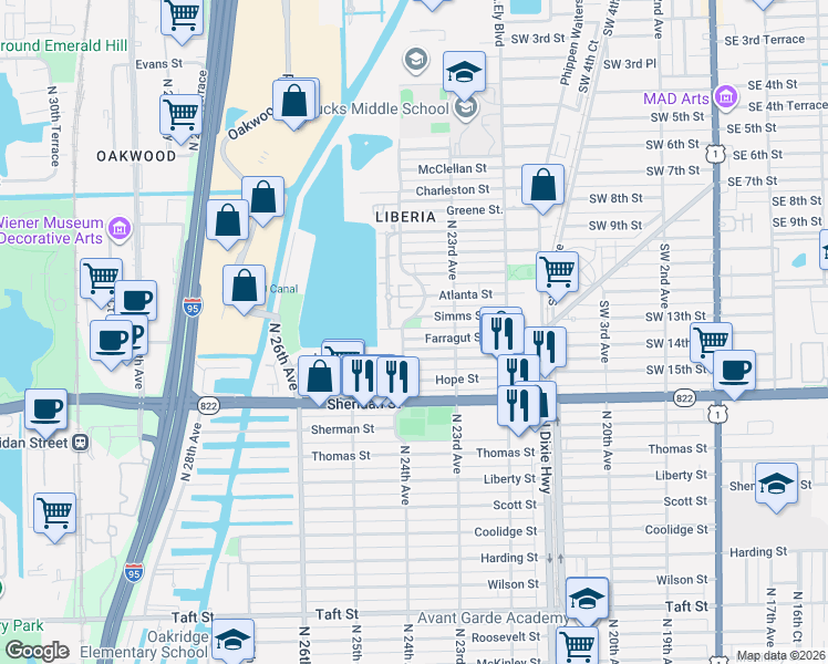 map of restaurants, bars, coffee shops, grocery stores, and more near 2690 North 24th Avenue in Hollywood