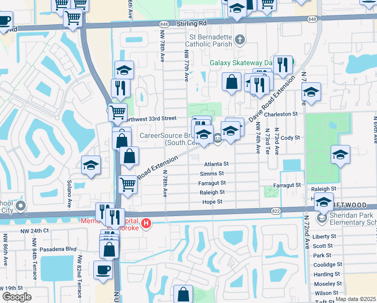 map of restaurants, bars, coffee shops, grocery stores, and more near 7676 Davie Road Extension in Hollywood
