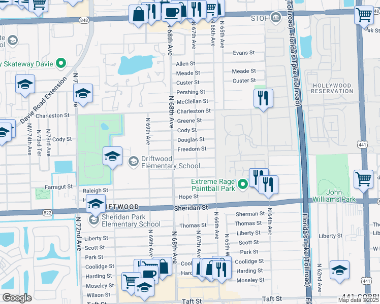 map of restaurants, bars, coffee shops, grocery stores, and more near 6711 Atlanta Street in Hollywood