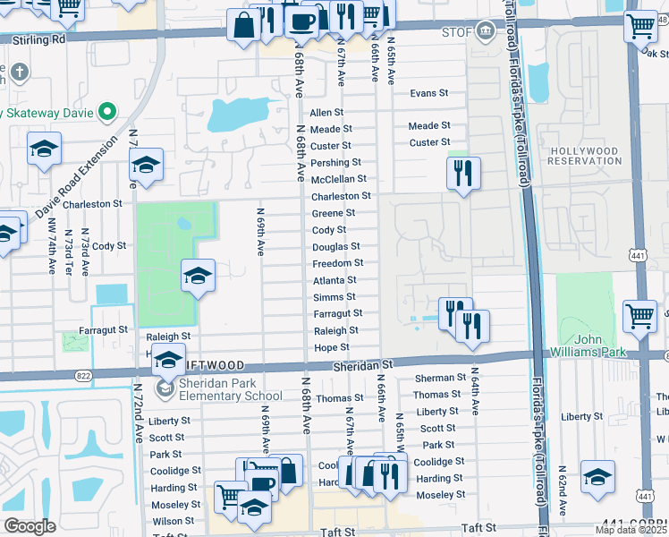 map of restaurants, bars, coffee shops, grocery stores, and more near 6711 Atlanta Street in Hollywood
