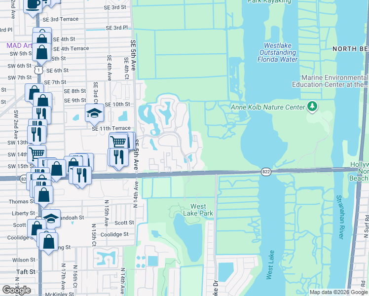 map of restaurants, bars, coffee shops, grocery stores, and more near 2761 Ocean Club Boulevard in Hollywood