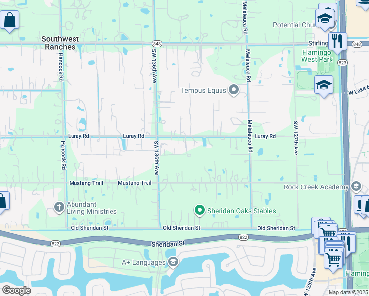 map of restaurants, bars, coffee shops, grocery stores, and more near 13400 Luray Road in Southwest Ranches