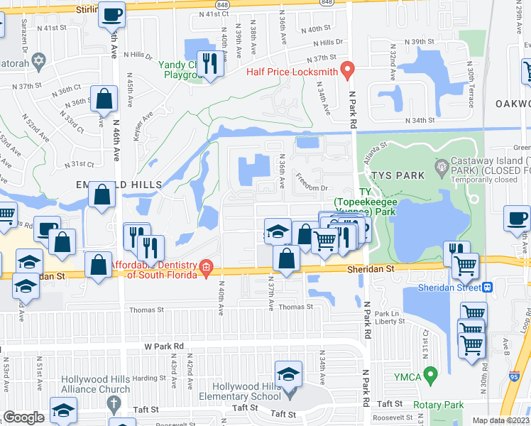 map of restaurants, bars, coffee shops, grocery stores, and more near 3721 Simms Street in Hollywood