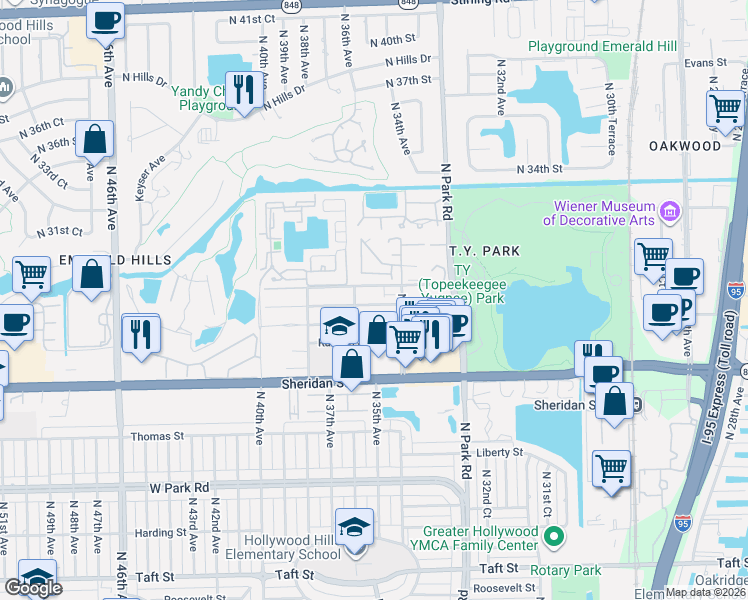 map of restaurants, bars, coffee shops, grocery stores, and more near 3500 Simms Street in Hollywood