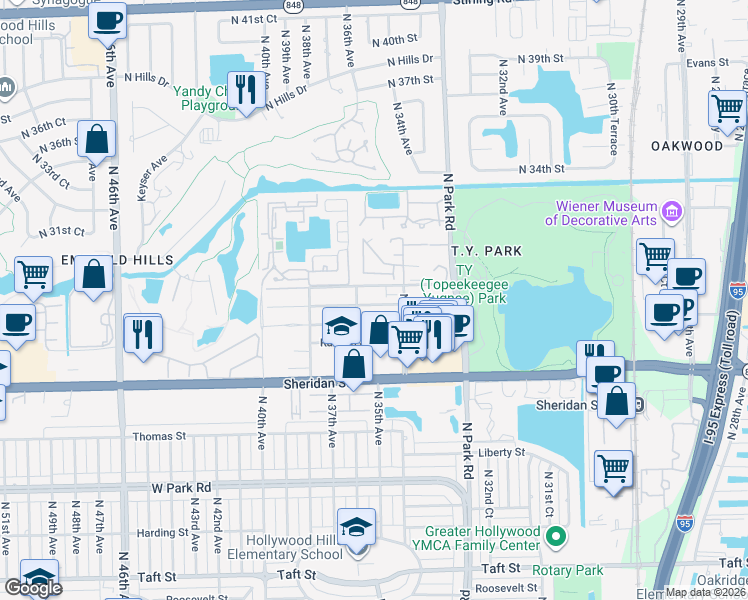 map of restaurants, bars, coffee shops, grocery stores, and more near 3500 Simms Street in Hollywood