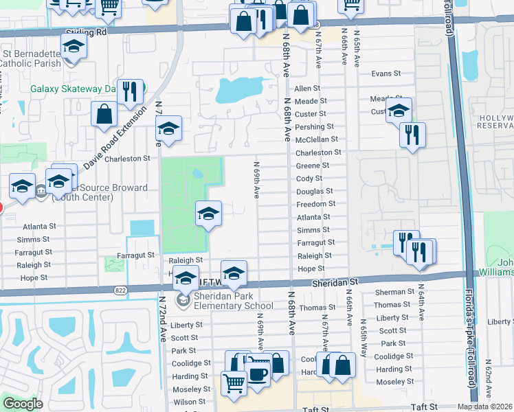 map of restaurants, bars, coffee shops, grocery stores, and more near 6861 Atlanta Street in Hollywood