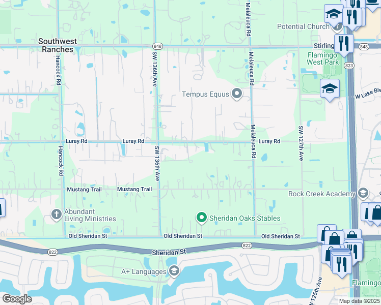 map of restaurants, bars, coffee shops, grocery stores, and more near 13400 Luray Road in Southwest Ranches