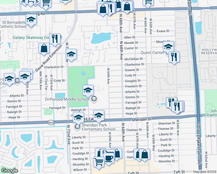 map of restaurants, bars, coffee shops, grocery stores, and more near 3000 North 69th Avenue in Hollywood