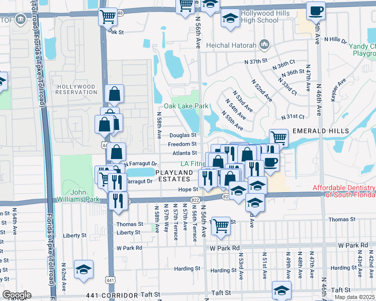 map of restaurants, bars, coffee shops, grocery stores, and more near 5627 Atlanta Street in Hollywood