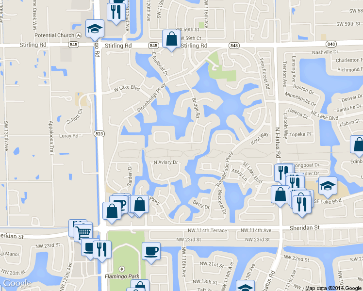 map of restaurants, bars, coffee shops, grocery stores, and more near 11706 South Island Road in Hollywood