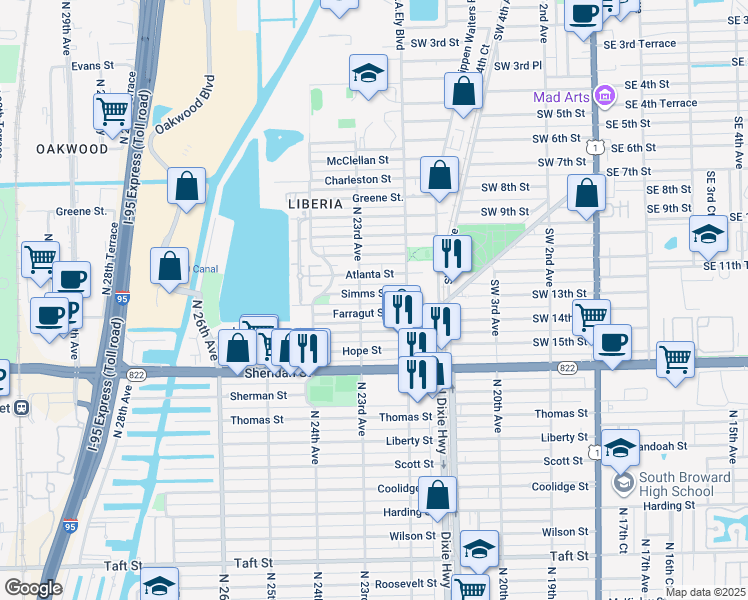 map of restaurants, bars, coffee shops, grocery stores, and more near 2234 Farragut Street in Hollywood