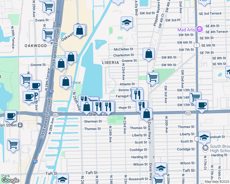 map of restaurants, bars, coffee shops, grocery stores, and more near 2690 North 24th Avenue in Hollywood