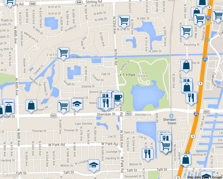 map of restaurants, bars, coffee shops, grocery stores, and more near 3307 Farragut Street in Hollywood