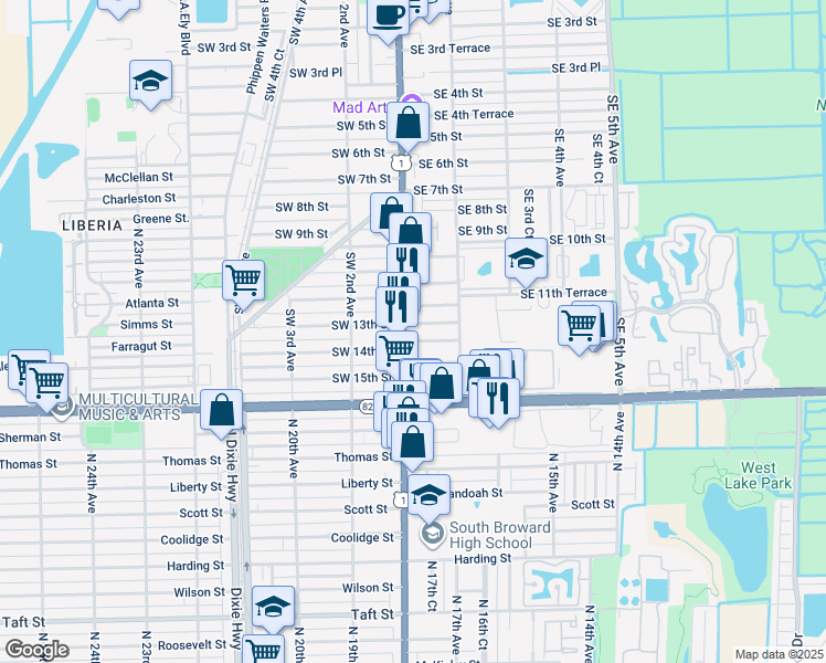 map of restaurants, bars, coffee shops, grocery stores, and more near in Dania Beach