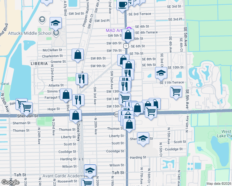 map of restaurants, bars, coffee shops, grocery stores, and more near 54 Southwest 14th Street in Dania Beach