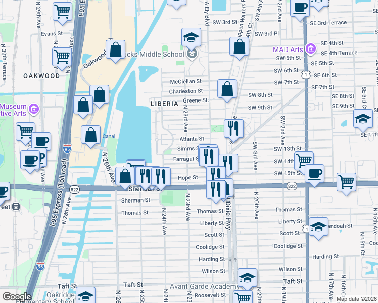 map of restaurants, bars, coffee shops, grocery stores, and more near 2314 Farragut Street in Hollywood