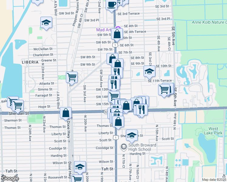 map of restaurants, bars, coffee shops, grocery stores, and more near in Dania Beach