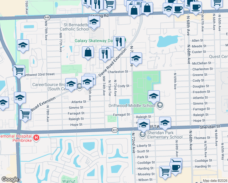 map of restaurants, bars, coffee shops, grocery stores, and more near 7290 Freedom Street in Hollywood