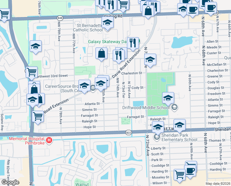 map of restaurants, bars, coffee shops, grocery stores, and more near 2921 Northwest 74th Avenue in Hollywood