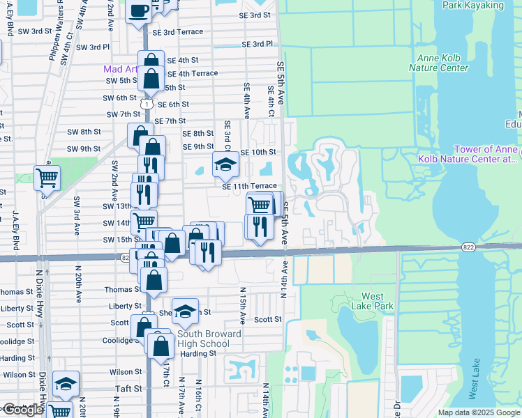 map of restaurants, bars, coffee shops, grocery stores, and more near 405 Southeast 14th Street in Dania Beach