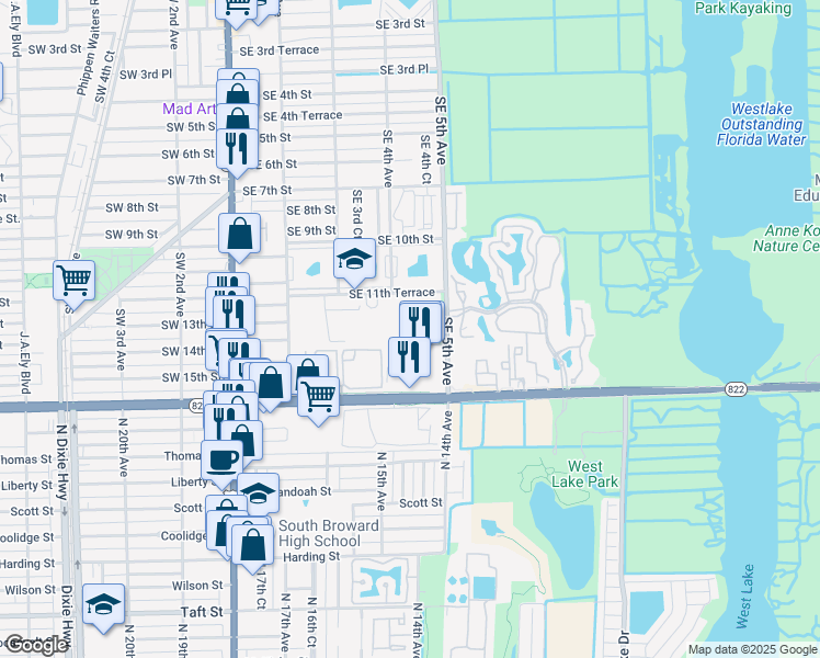 map of restaurants, bars, coffee shops, grocery stores, and more near 411 East Sheridan Street in Dania Beach