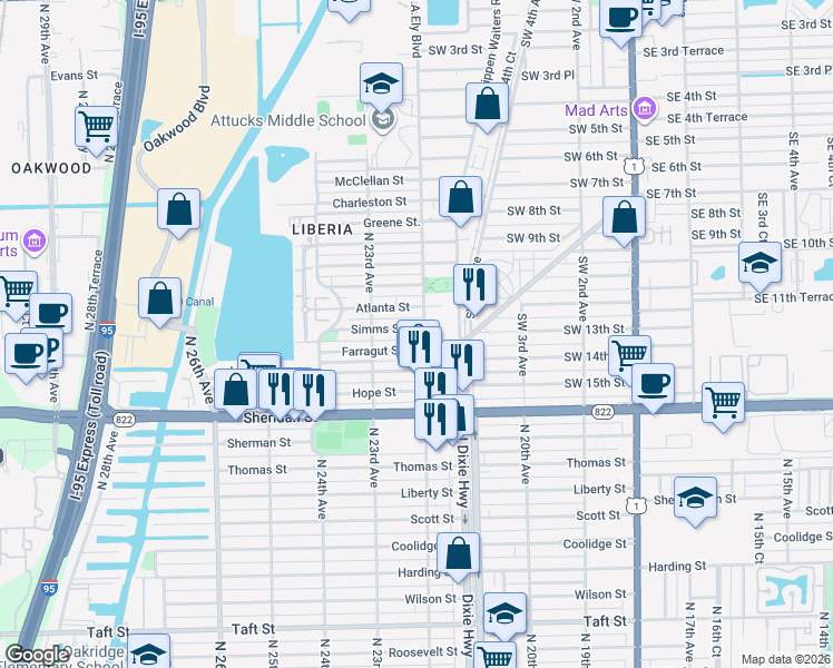 map of restaurants, bars, coffee shops, grocery stores, and more near 2234 Farragut Street in Hollywood