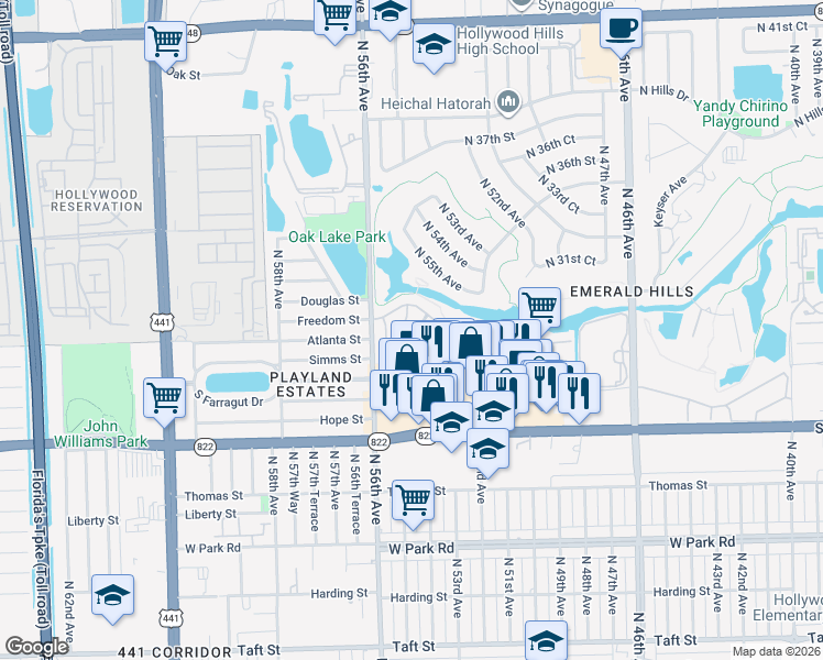 map of restaurants, bars, coffee shops, grocery stores, and more near 102 Kensington Road in Hollywood