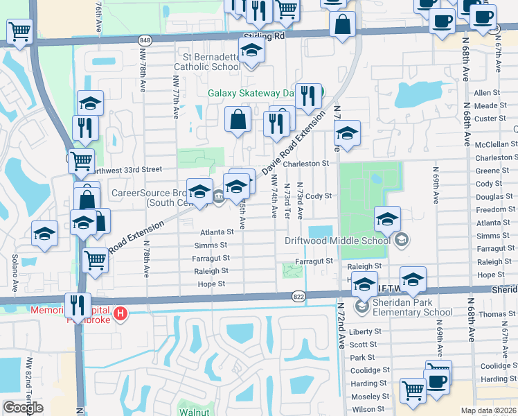 map of restaurants, bars, coffee shops, grocery stores, and more near 7460 Freedom Street in Hollywood