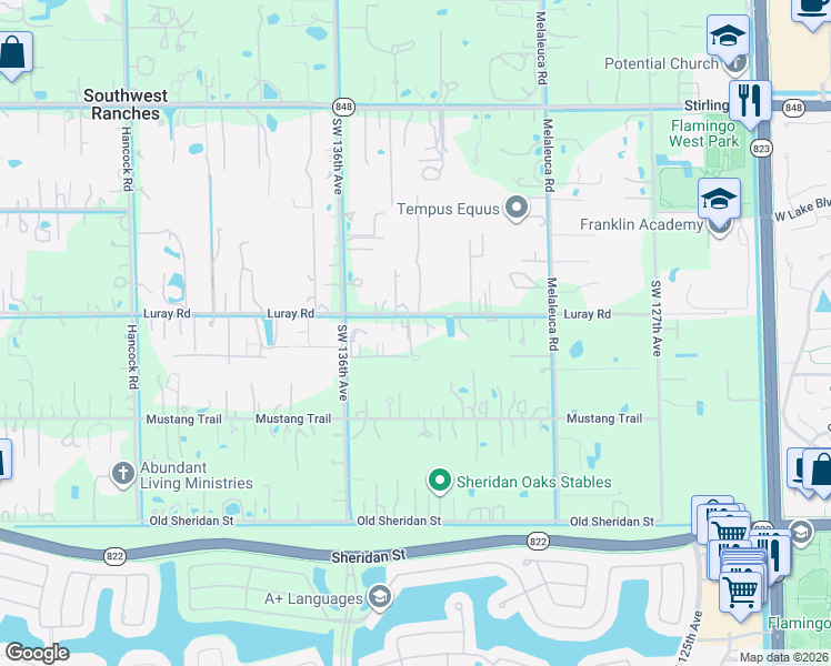 map of restaurants, bars, coffee shops, grocery stores, and more near 13400 Luray Road in Southwest Ranches