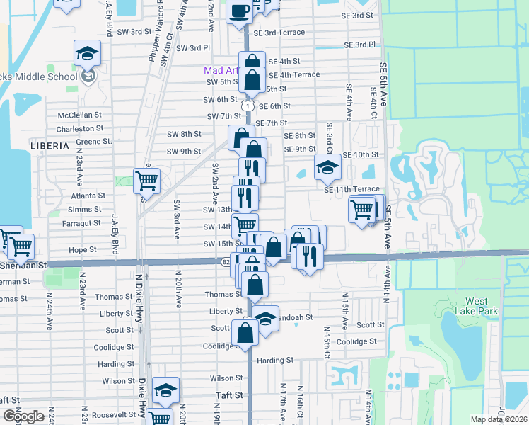 map of restaurants, bars, coffee shops, grocery stores, and more near 36 Southeast 13th Terrace in Dania Beach