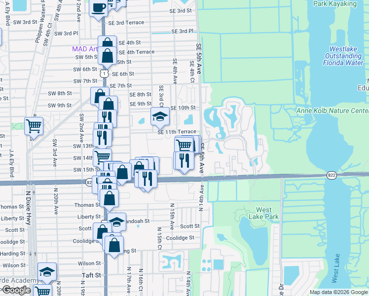 map of restaurants, bars, coffee shops, grocery stores, and more near 407 Southeast 14th Street in Dania Beach