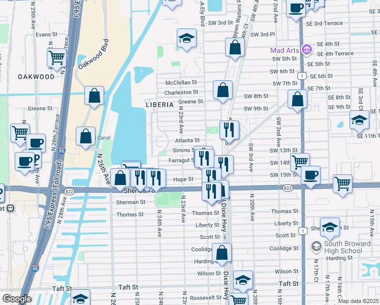 map of restaurants, bars, coffee shops, grocery stores, and more near 2234 Farragut Street in Hollywood