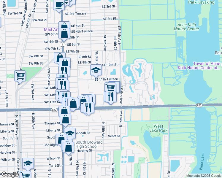 map of restaurants, bars, coffee shops, grocery stores, and more near 411 East Sheridan Street in Dania Beach