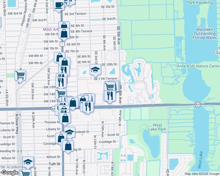 map of restaurants, bars, coffee shops, grocery stores, and more near 407 Southeast 14th Street in Dania Beach