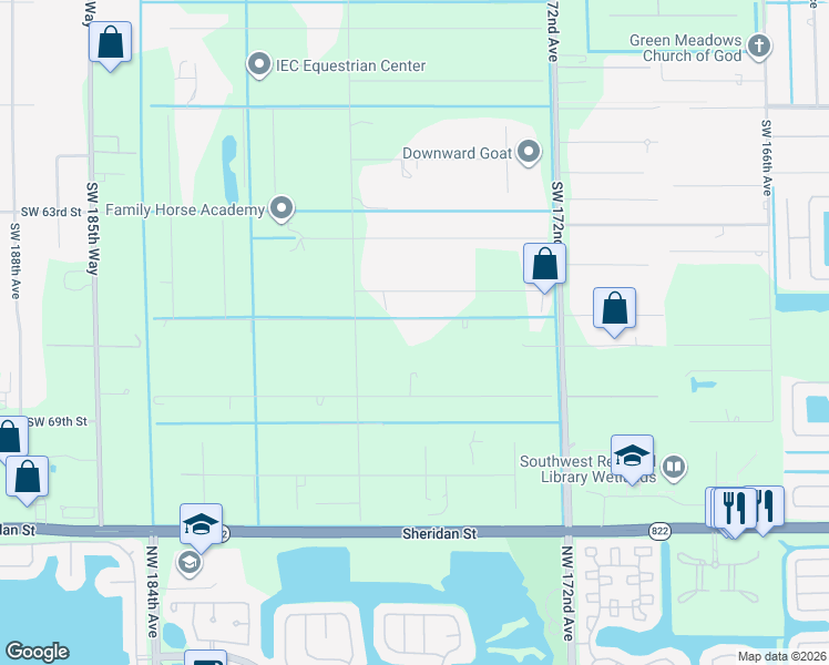 map of restaurants, bars, coffee shops, grocery stores, and more near 17611 Southwest 66th Street in Southwest Ranches