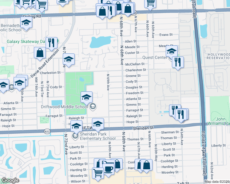 map of restaurants, bars, coffee shops, grocery stores, and more near 6861 Atlanta Street in Hollywood
