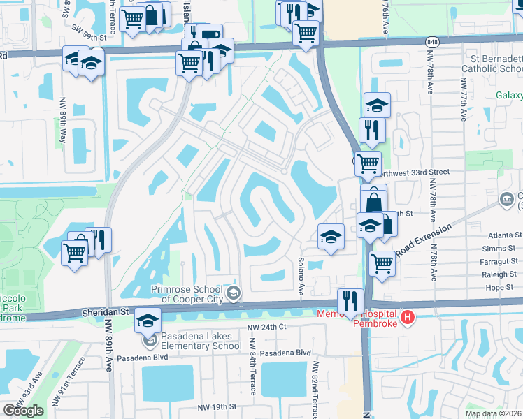 map of restaurants, bars, coffee shops, grocery stores, and more near 3342 Northwest 82nd Way in Pembroke Pines