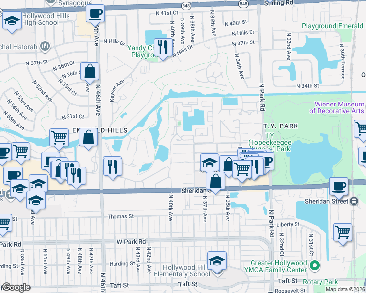 map of restaurants, bars, coffee shops, grocery stores, and more near 3855 Amalfi Drive in Hollywood