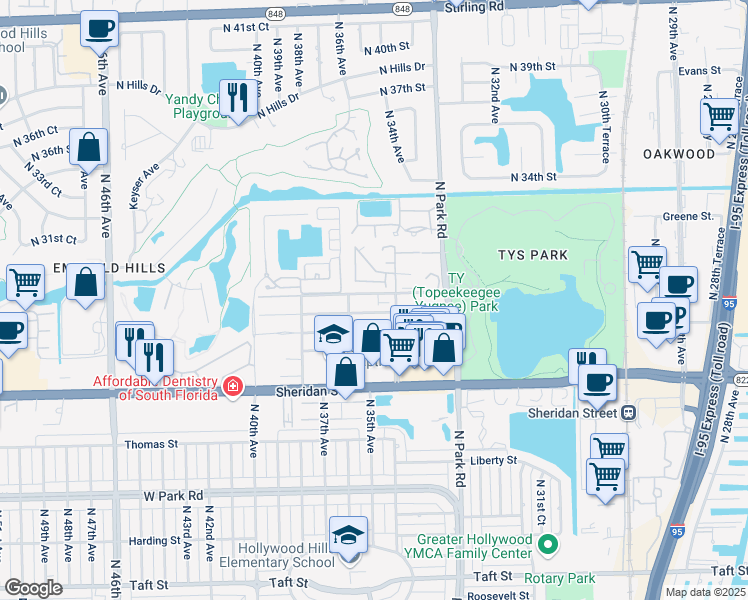 map of restaurants, bars, coffee shops, grocery stores, and more near 2921 North 35th Terrace in Hollywood