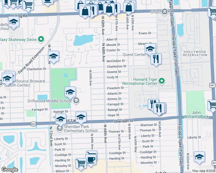 map of restaurants, bars, coffee shops, grocery stores, and more near 6791 Douglas Street in Hollywood