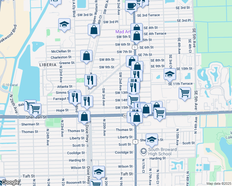map of restaurants, bars, coffee shops, grocery stores, and more near 237 Southwest 12th Street in Dania Beach
