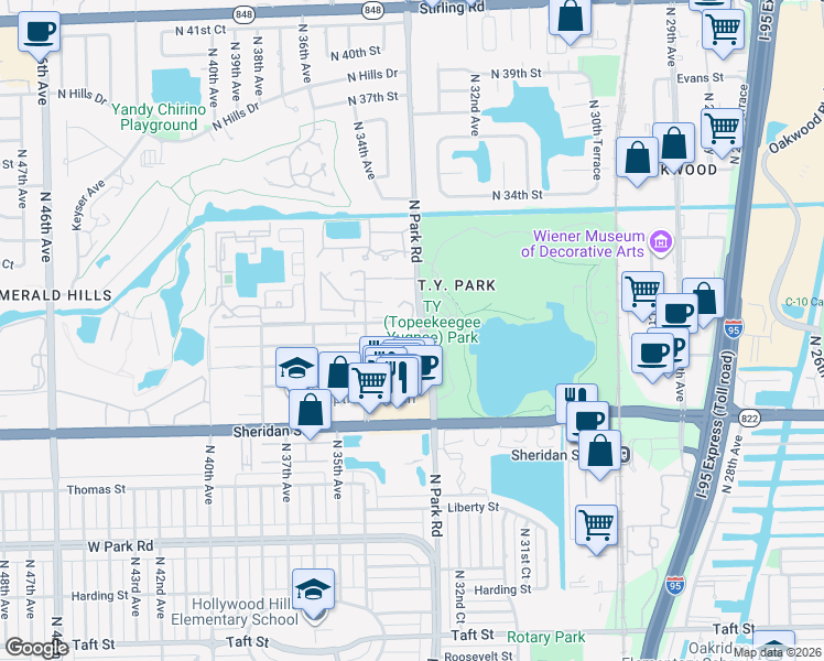 map of restaurants, bars, coffee shops, grocery stores, and more near 2906 North 33rd Terrace in Hollywood