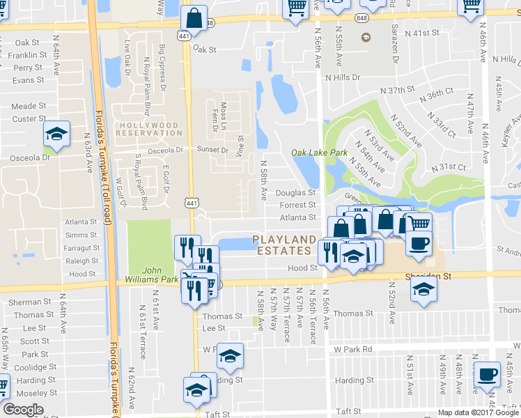 map of restaurants, bars, coffee shops, grocery stores, and more near 2930 Randolph Clay Drive in Hollywood