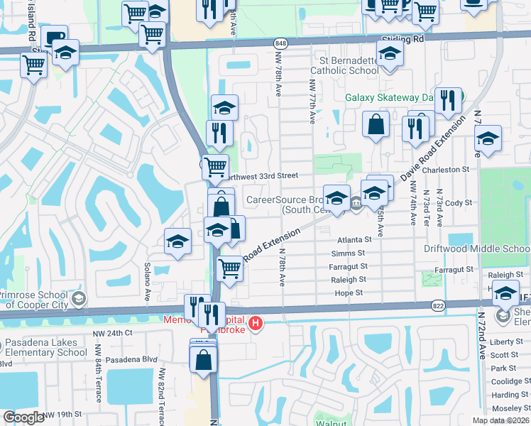 map of restaurants, bars, coffee shops, grocery stores, and more near 7830 Northwest 33rd Street in Hollywood